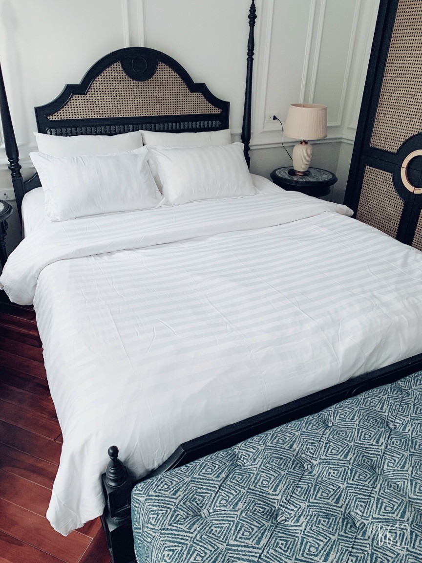 Bộ 5 món vỏ chăn drap gối cotton lụa 3F sọc 3 phân cao cấp A - dành cho khách sạn, homestay, nhà nghỉ + tặng kèm 1 túi thơm thảo dược