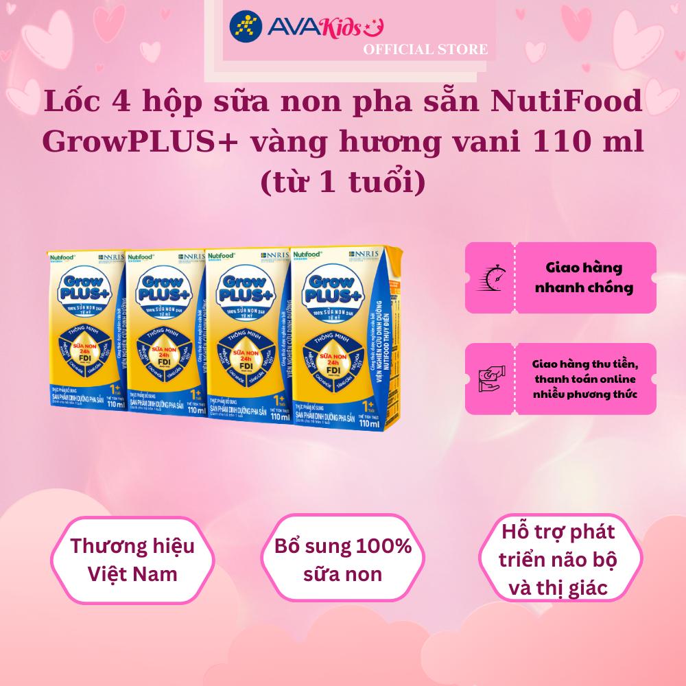 Lốc 4 hộp sữa non pha sẵn NutiFood GrowPLUS+ vàng hương vani 110 ml (từ 1 tuổi)