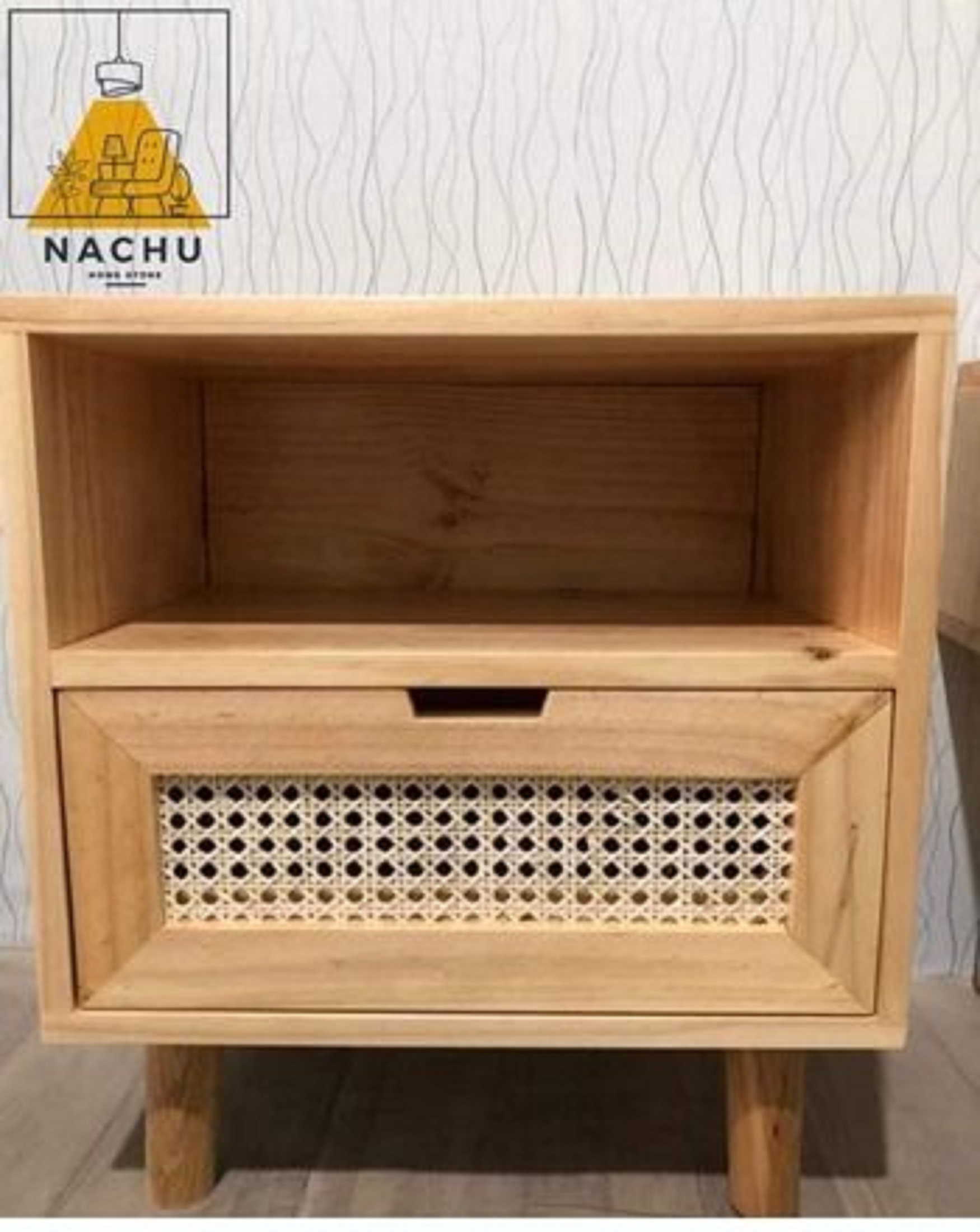 Kệ, Tủ Đầu Giường Mây Đan Mắt Cáo - Kệ Gỗ Decor Phòng Ngủ 50x35x55cm Nachu Home Store 