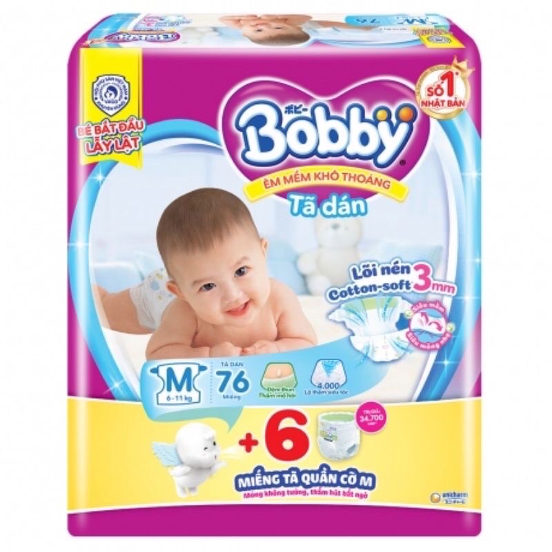 Tã Dán Bobby Đệm Thun Thấm Mồ Hôi M76 (76 Miếng) - Tặng 6 Miếng Phiên Bản Hè Vui Nhộn