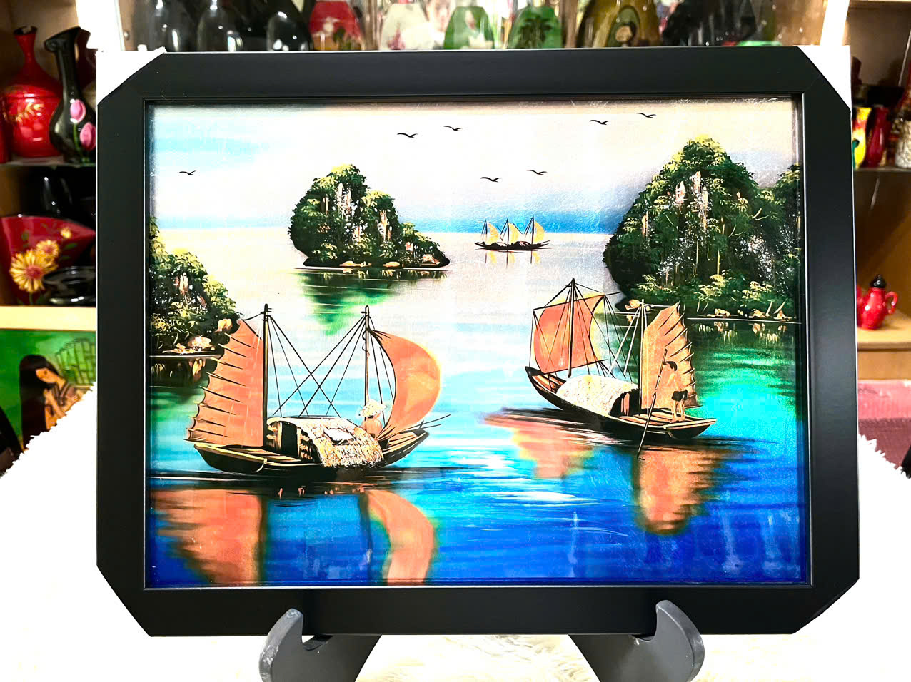 Tranh sơn mài phong cảnh, đồng quê, sông nước nền dát vàng/ bạc, hàng xuất khẩu size 30x40 cm