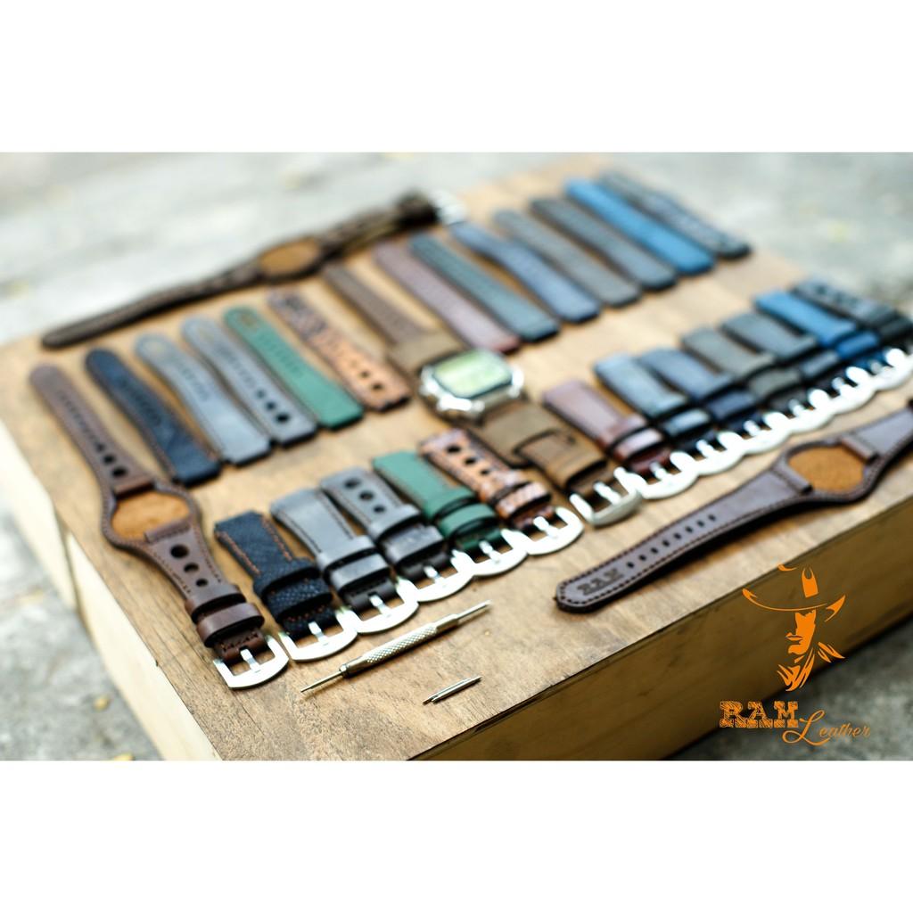 Dây đồng hồ da bò cho Casio AE1200 WHD và Seiko 5 37mm - Da bò xanh navy