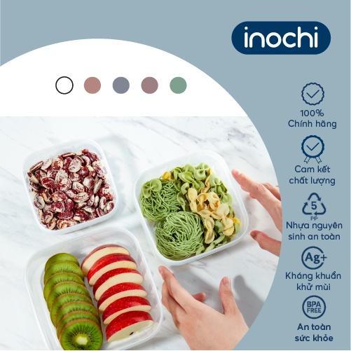 Hình ảnh Hộp thực phẩm vuông Inochi - Hokkaido 2500ml Thân Trắng trong + Nắp màu Xanh/Hồng/Cam/Trắng trong