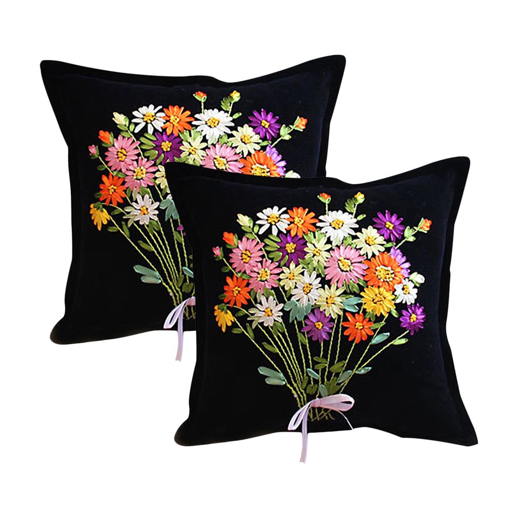 2pcs Daisy Flower Ribbon Cross Stitch Kits Embroidery Car Cushion Covers DIY