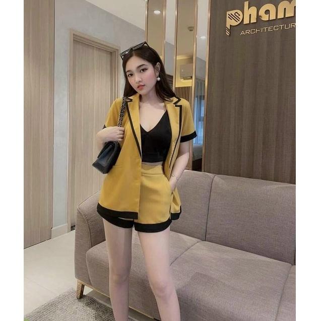 Sét áo khoác vest + áo bra và quần sooc ngắn viền lai sang chảnh