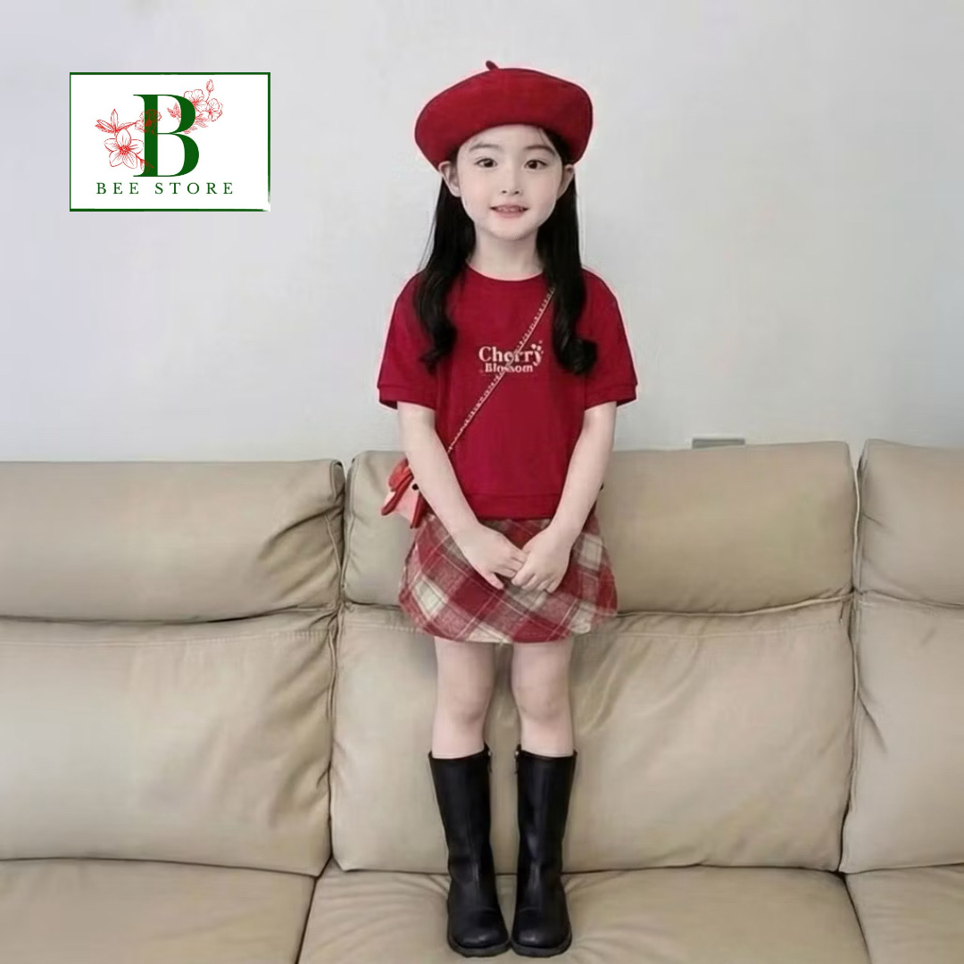 Set Váy Bé Gái Phối Nơ + Chân Váy Caro Dạ Chữ A Từ 8-45kg Dành Cho Bé Gái