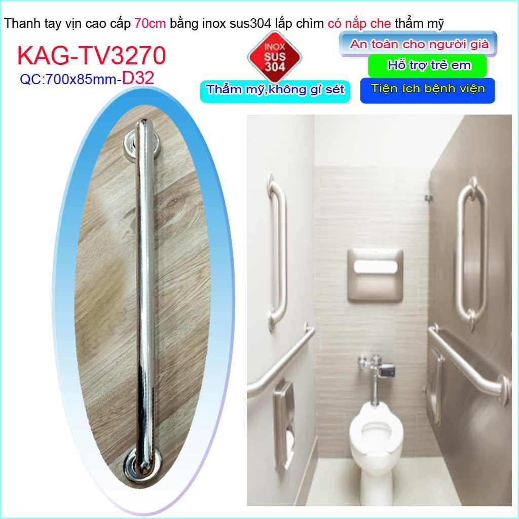 Thanh tay vịn cao cấp Inox 304 KAG-TV3270, tay vịn toilet người già- trẻ em 70cm SUS304 chắc chắn siêu bền