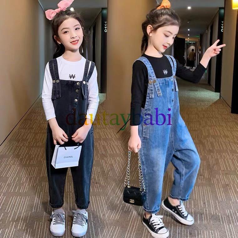 Yếm Jean dài bé gái yếm bò bé gái jean co giãn có túi thật phong cách Hàn Quốc năng động cho bé 12-42kg