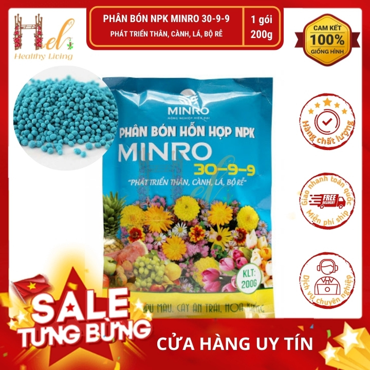 PHÂN BÓN HỖN HỢP NPK MINRO 30-9-9 LOẠI 200gr Trồng Rau Sạch Bằng Đất Sạch, Xơ Dừa