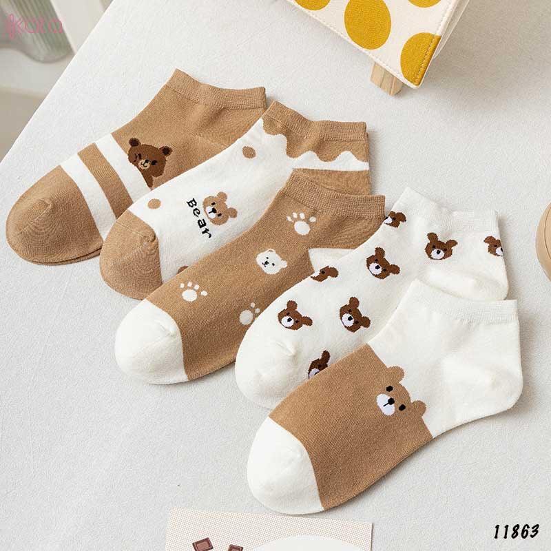 10 đôi Tất vớ nữ cổ ngắn họa tiết cute phong cách Hàn Quốc kèm túi rút