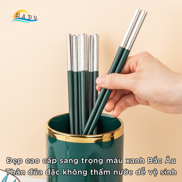 Đũa Ăn Cơm Cao Cấp Kiểu Nhật Bản Kháng Khuẩn Chịu Nhiệt Sợi Thủy Tinh Khảm Inox Màu Xanh Bắc Âu HADU