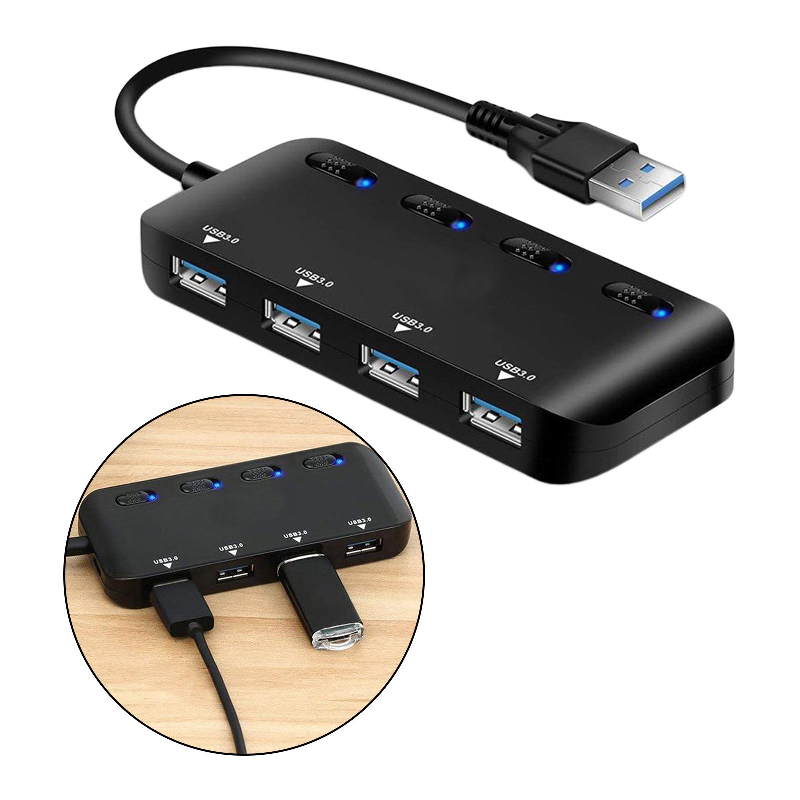 Powered USB 3.0 Hub, 4 Port USB Hub Splitter Portable USB Data Hub Expander with Individual on/Off Switch, USB 3.0 Cable
