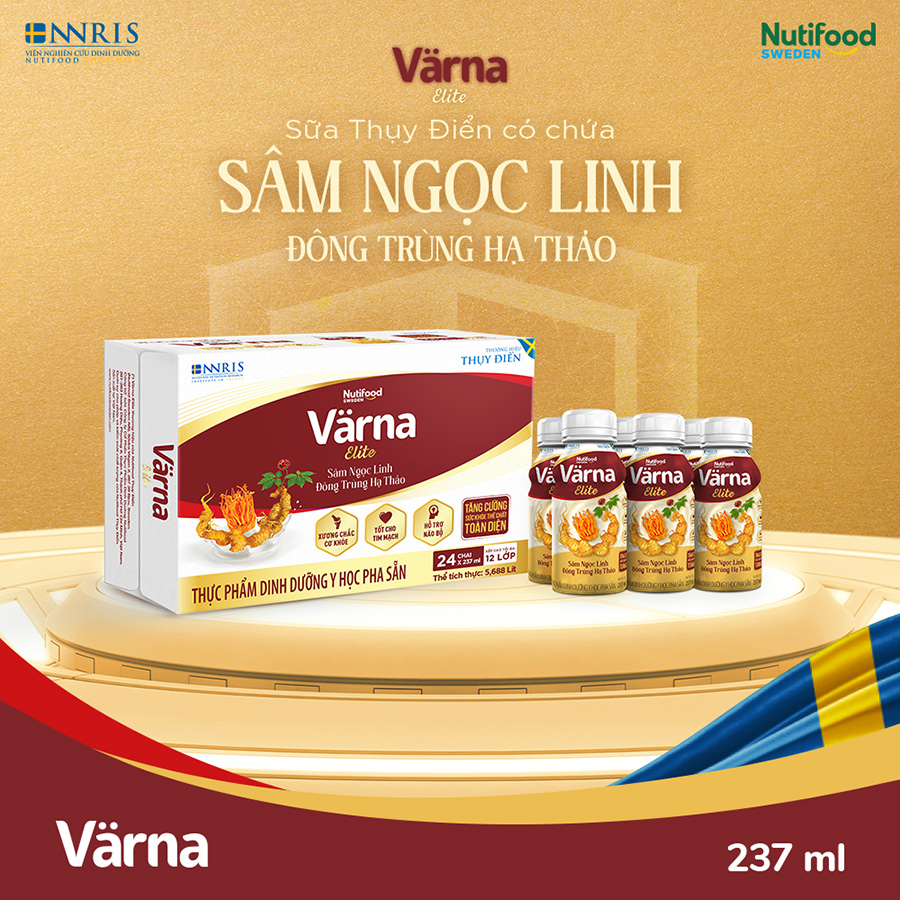 Thùng sữa bột pha sẵn Värna Elite - Chứa Sâm Ngọc Linh Đông Trùng Hạ Thảo (24 chai x 237ml) - Varna