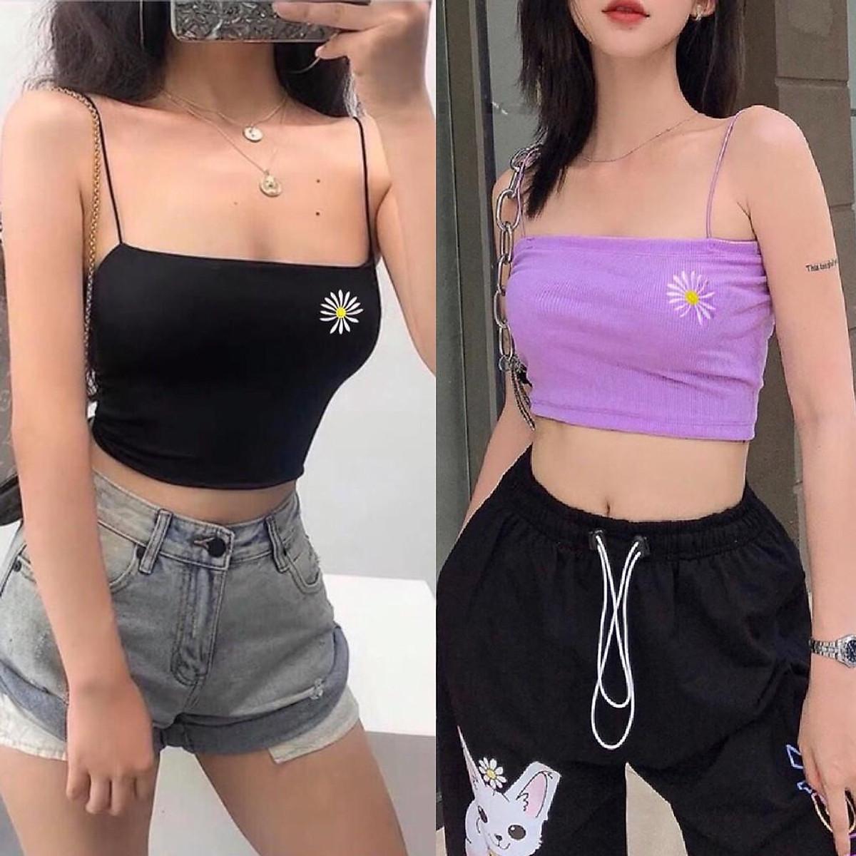 ÁO HAI DÂY THÊU HOA CÚC CROPTOP NGẮN NỮ ÔM BODY HOT GIRL HÀN QUỐC SWAG CHẤT - Đen