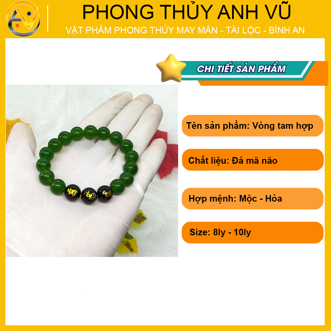 Vòng phong thủy mệnh hỏa tam hợp hợi mão mùi - chất liệu đá mã não tự nhiên - size 8 10ly - may mắn tài lộc - Vòng Tam Hợp Anh Vũ