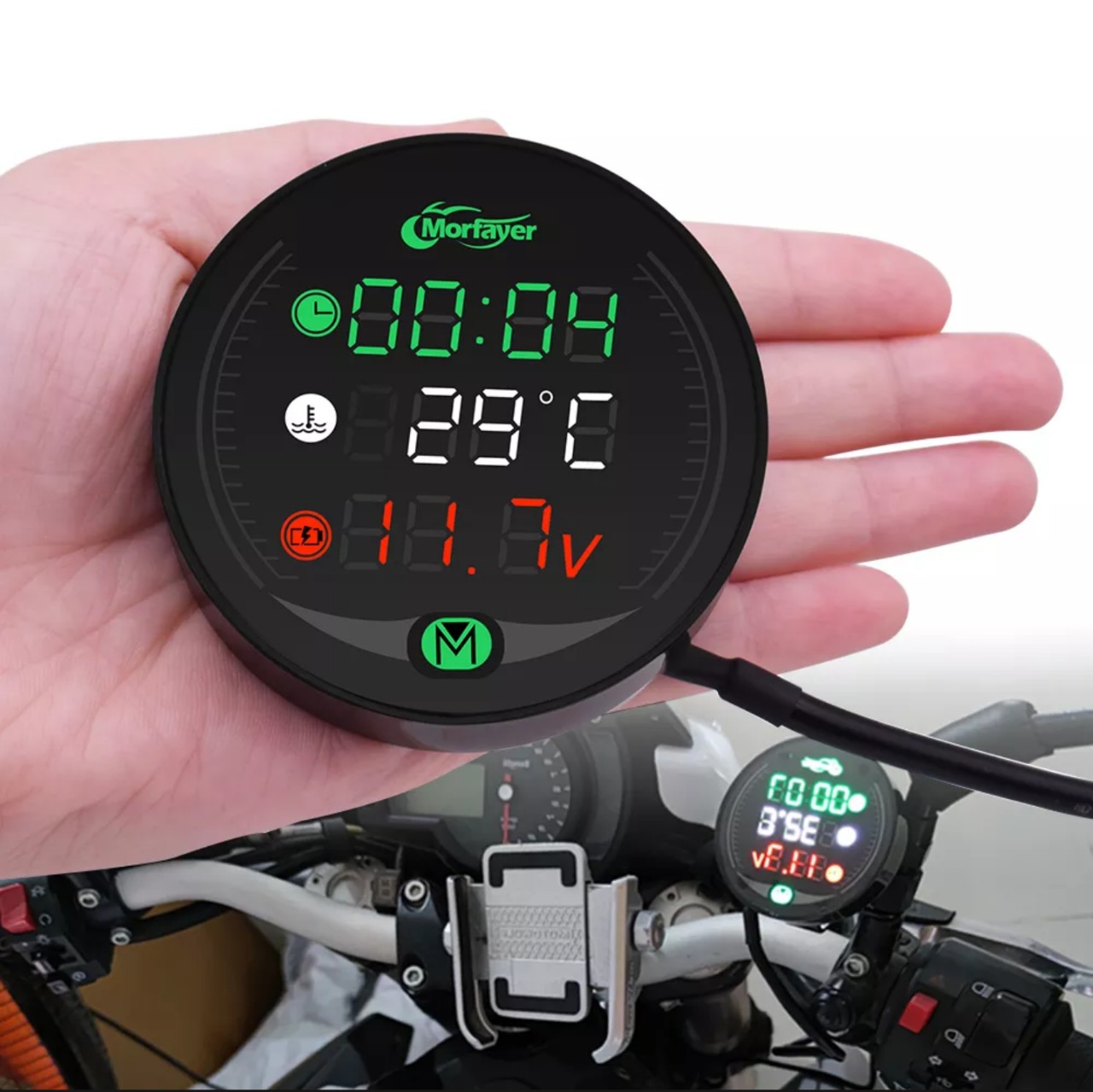 Đồng hồ báo giờ xe máy 3in1 CTR, báo nhiệt độ, vôn ắc quy mẫu mới loại tốt gắn các loại xe hàng cao cấp, phụ kiện xe máy