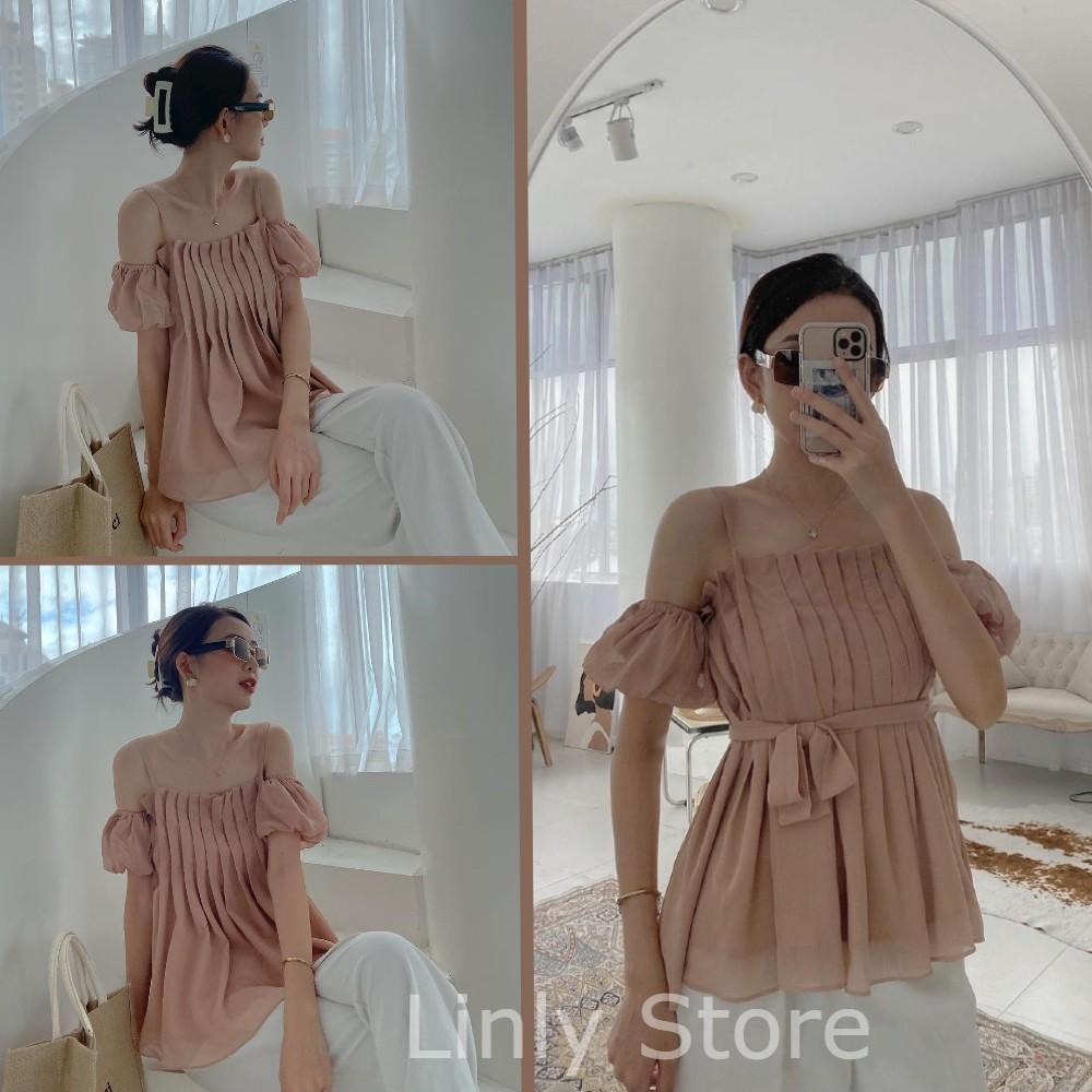 Áo kiểu nữ ngắn tay chất dập ly Croptop hở vai tiểu thư siêu xinh - Trễ vai tay bồng chất tơ cao cấp A-2DL