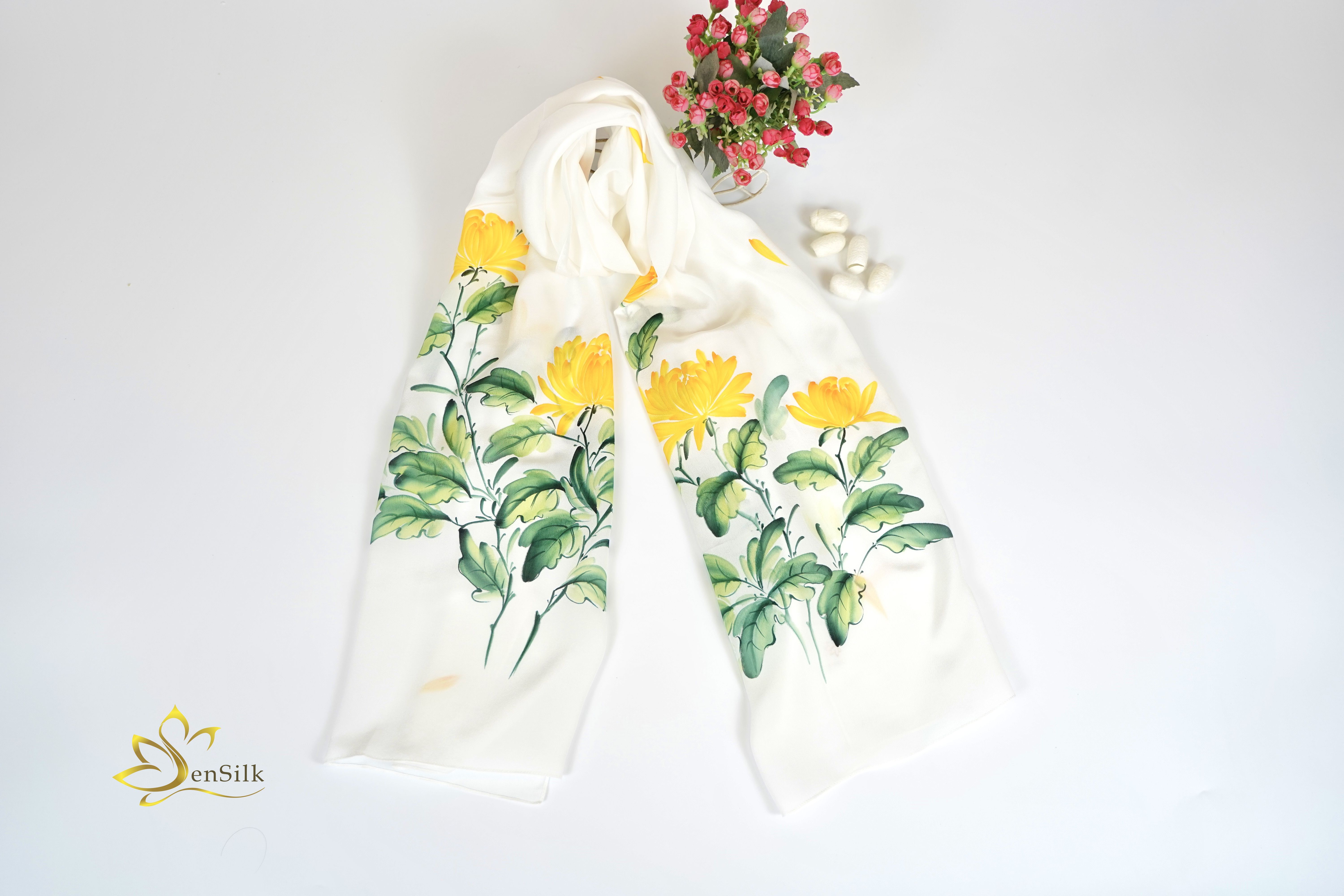 Khăn Lụa Tơ Tằm Vẽ Hoa Cúc Vàng SenSilk - Art of Silk Quà Tặng Mẹ - Hand Painted Silk Scarf - High Quality Pure Silk