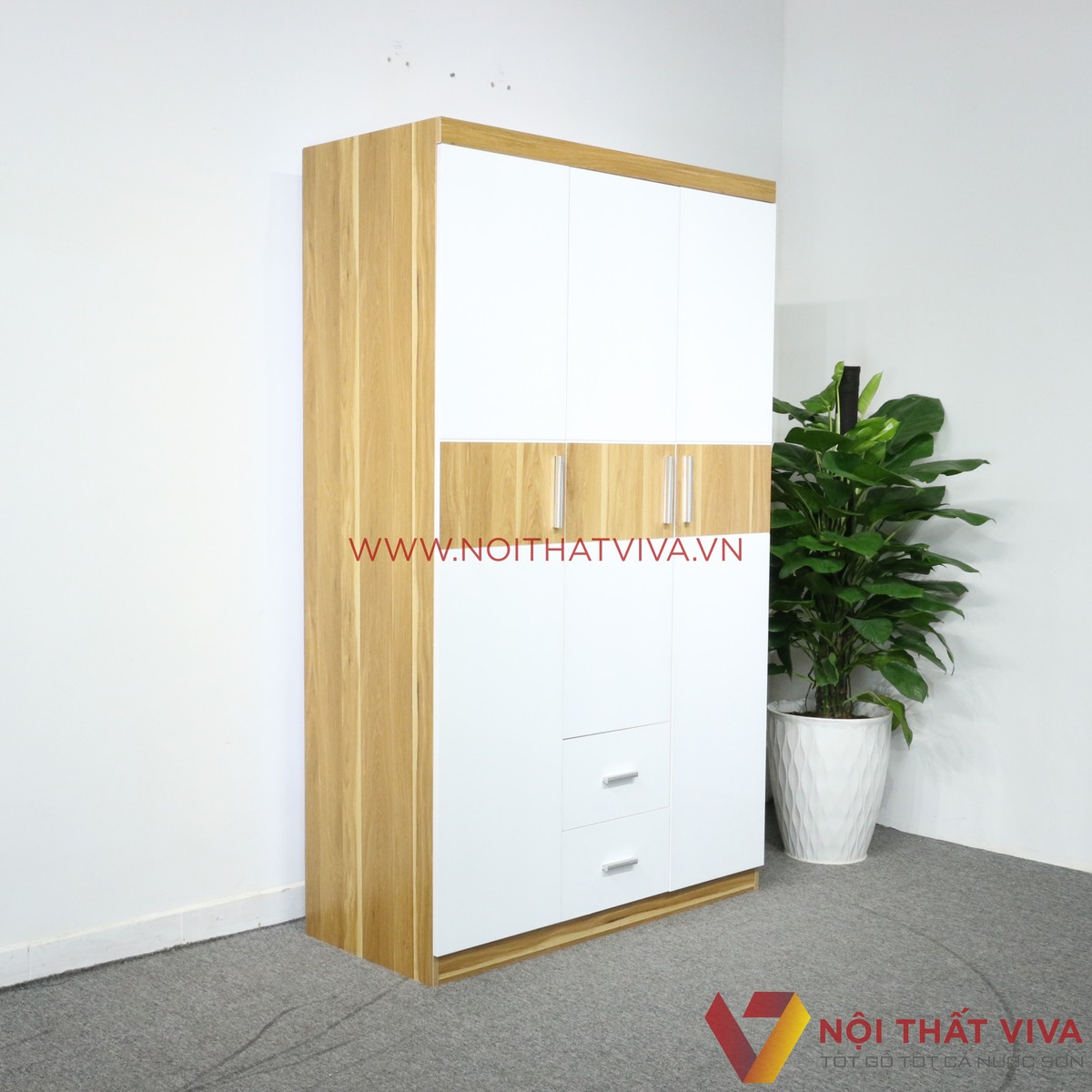 Tủ Áo 3 Cánh Cửa Mở 1M2x2M Gỗ MDF Màu Sọc Vàng Cánh Trắng Rẻ Đẹp