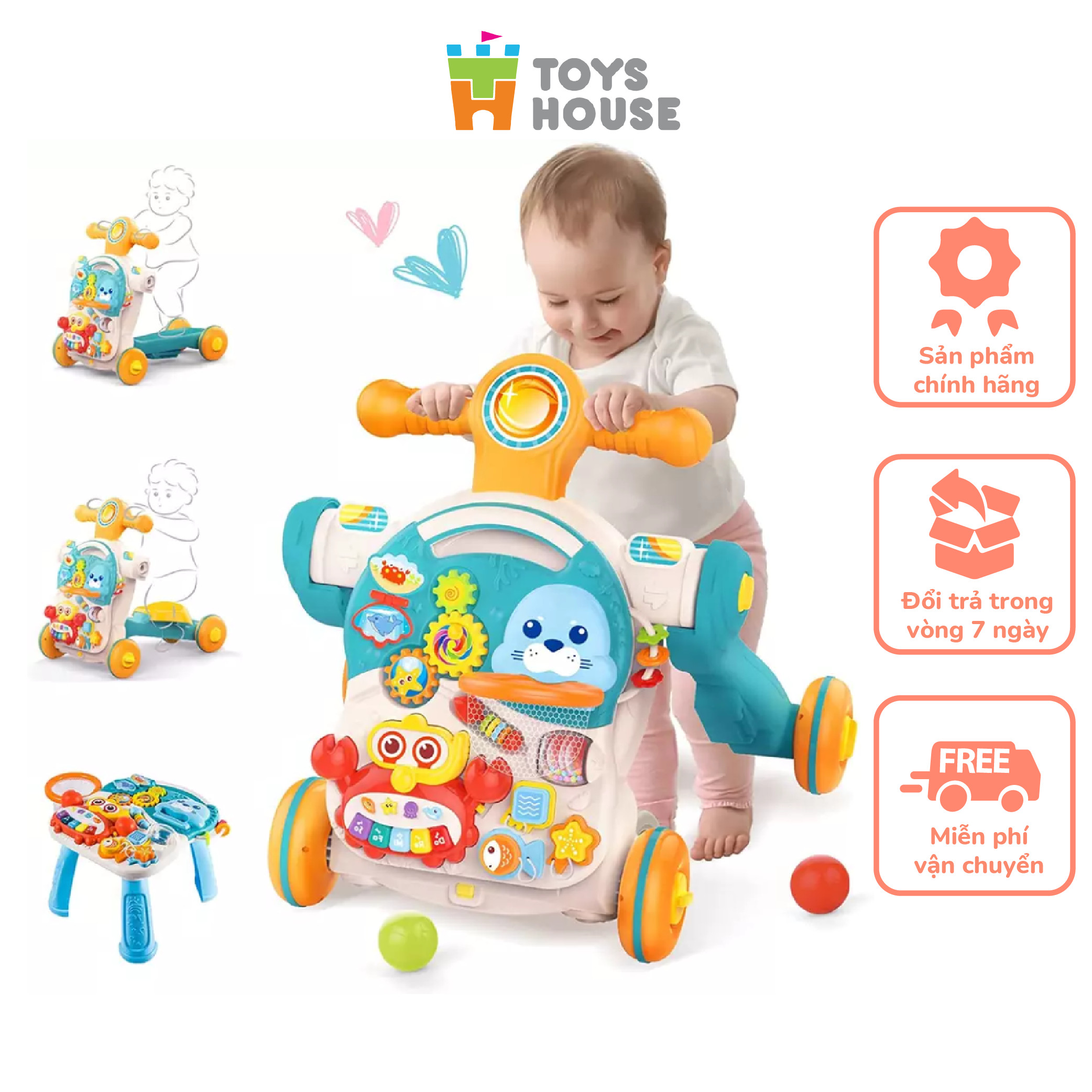 Xe tập đi đa năng 4 trong 1: xe tập đi, bàn nhạc, chòi chân, trượt scooter Toyshouse HE0826