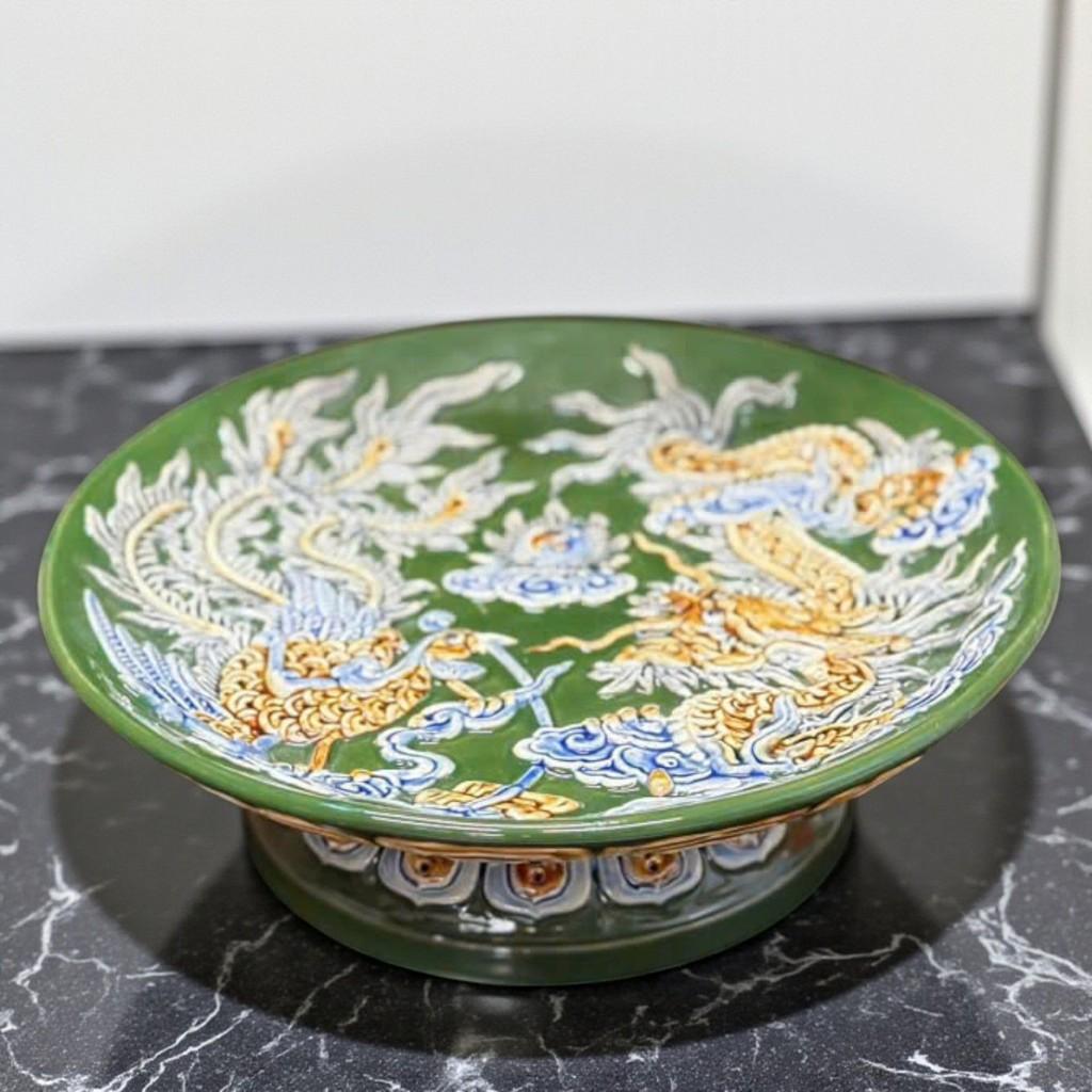 Bộ sứ men xanh lá Rồng Việt -Gốm Bát Tràng, tinh xảo và sang trọng với họa tiết Rồng Phượng đắp nổi