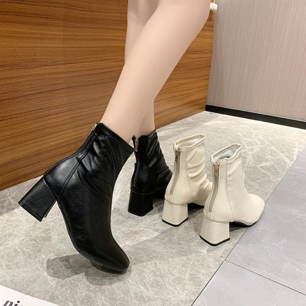 Giày boot da mềm nữ cổ cao lót nỉ mỏng khoá sau cao cấp - Boot mũi vuông, gót vuông 6 phân - BCC004