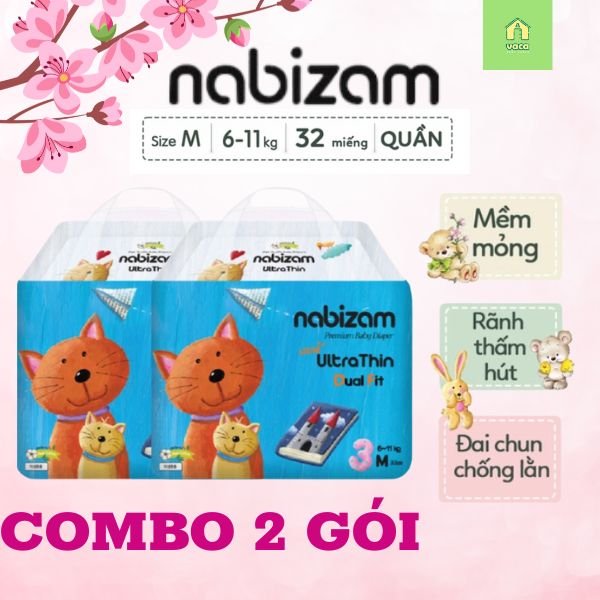 Combo 2 gói tã/bỉm quần Hàn Quốc Nabizam Ultrathin size M32 miếng