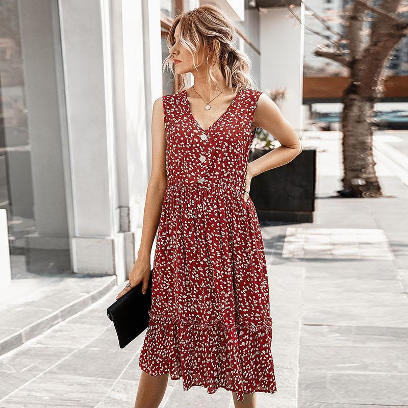 Fashion Women Summer Floral Print Dress V Neck Sleeveless Button High Waist Ruffles Bohemian Holiday Dress