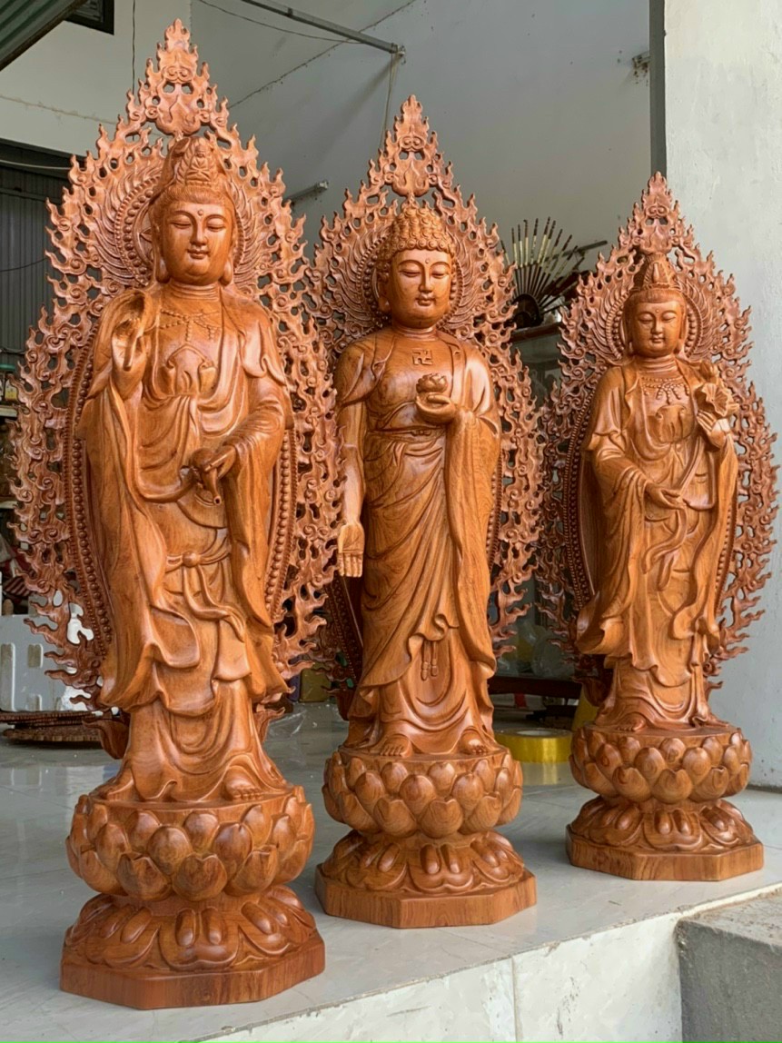 Bộ tương phật tam thánh tây phương bằng gỗ hương đá kt cao 50×15cm +lá chắn hào quang cao tổng 61cm