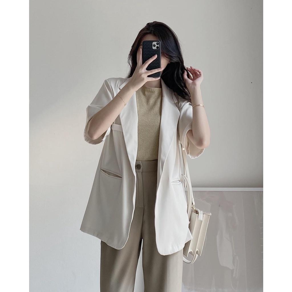 Áo blazer cộc tay EMIX, áo vest freesize dưới 58kg, hai cúc liên, chất trượt hàn