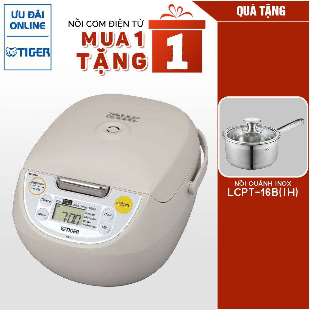 MUA 1 TẶNG 1 Nồi cơm điện tử Tiger 4 trong 1 JBV-S10W (1.0L) NHẬN 1 NỒI INOX POONGNYUN LCPT-16B(IH) - Hàng chính hãng