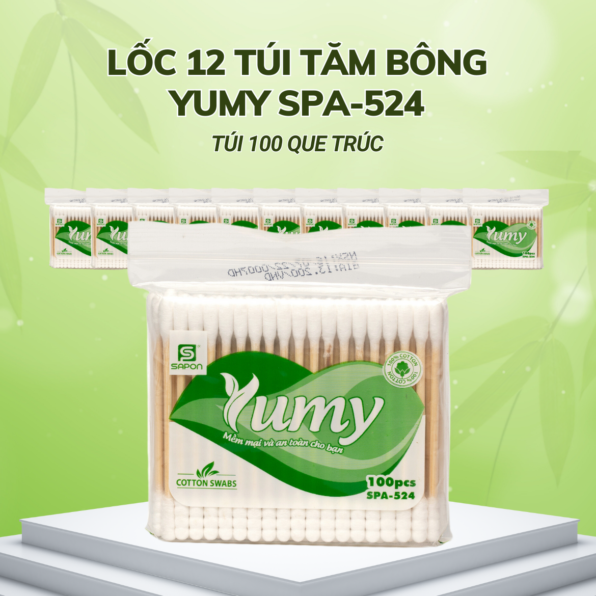 Lốc 12 gói Tăm bông Yumy người lớn thân trúc túi 100 que SPA-524