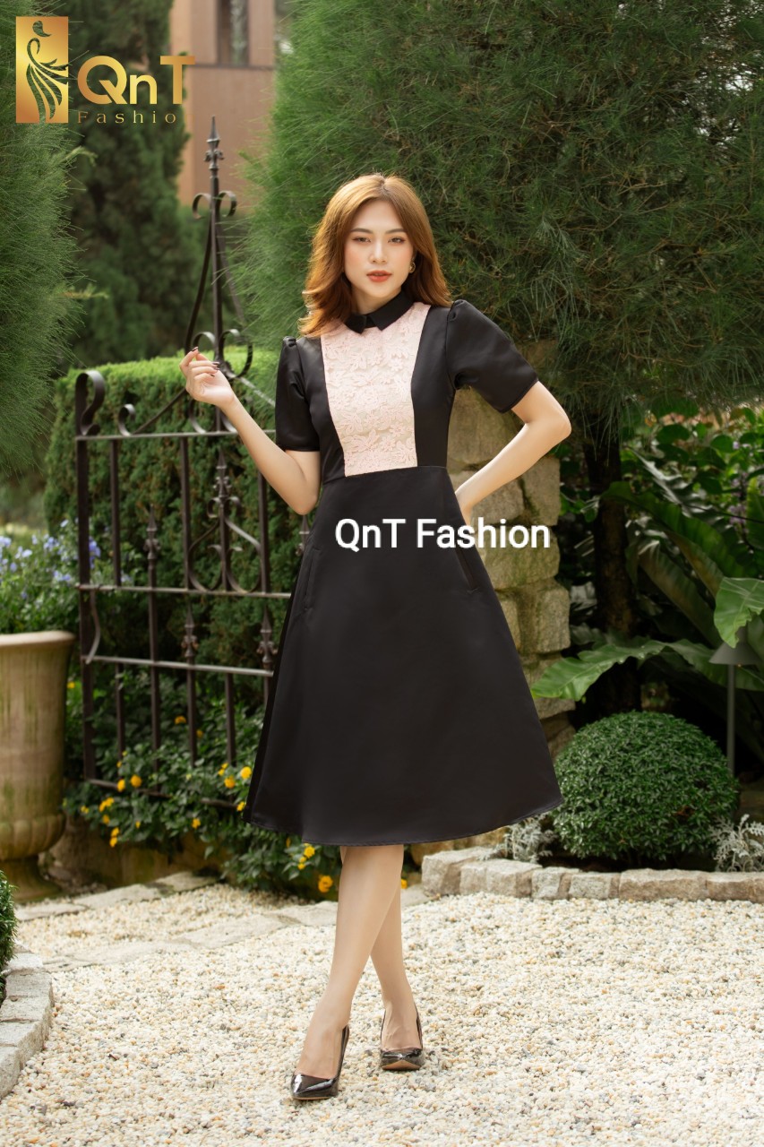 Đầm dự tiệc thiết kế dáng xòe-Đầm tafta đen 2 lớp phối ren chân A sang trọng,thanh lịch đi tiệc,đi làm hay đi chơi