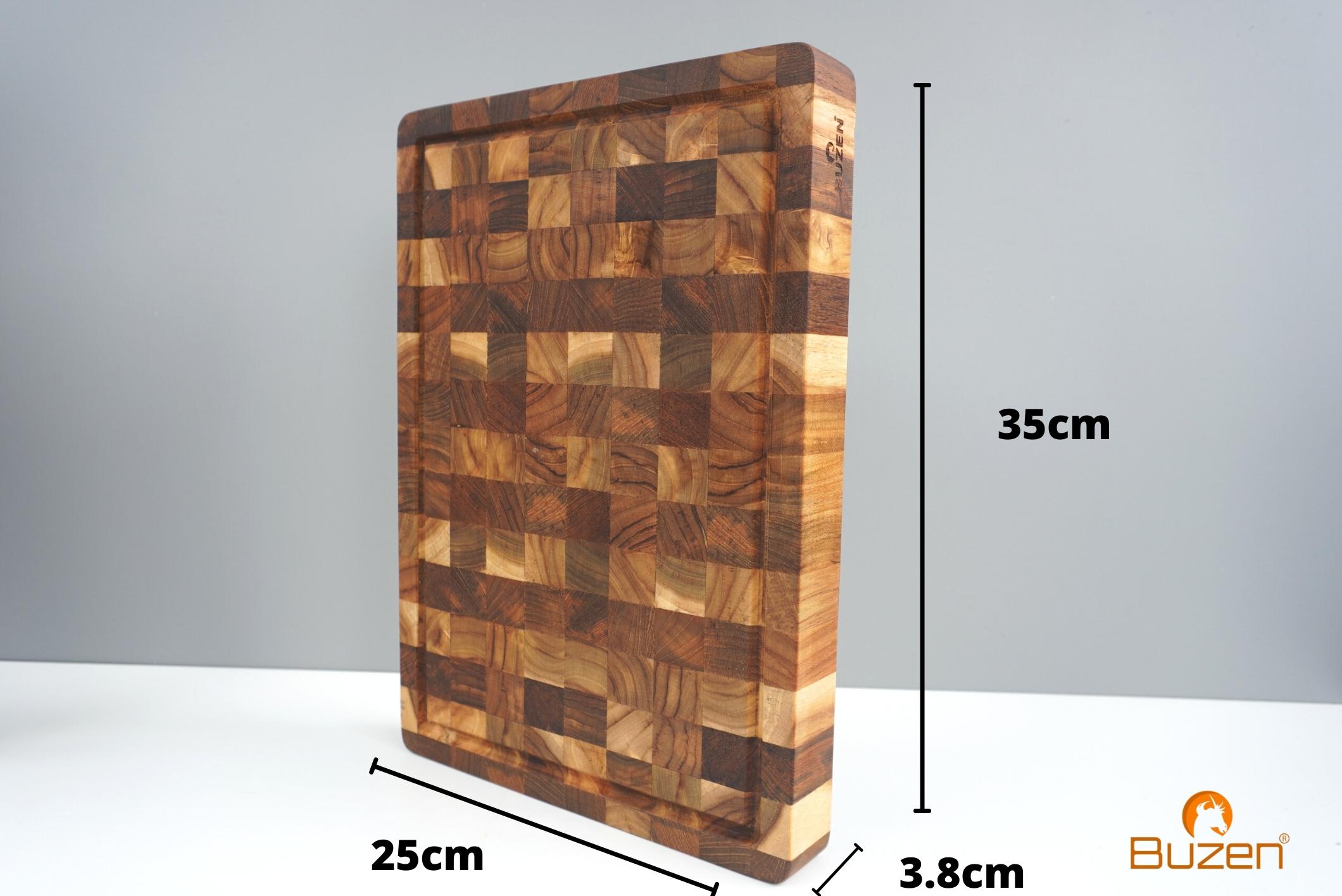 Thớt Gỗ Teak BUZEN Cao Cấp 35x25x3.8cm - Thớt gỗ Cứng Dày có rãnh chống tràn đặc biệt dùng làm khay phục vụ các món nướng BBQ