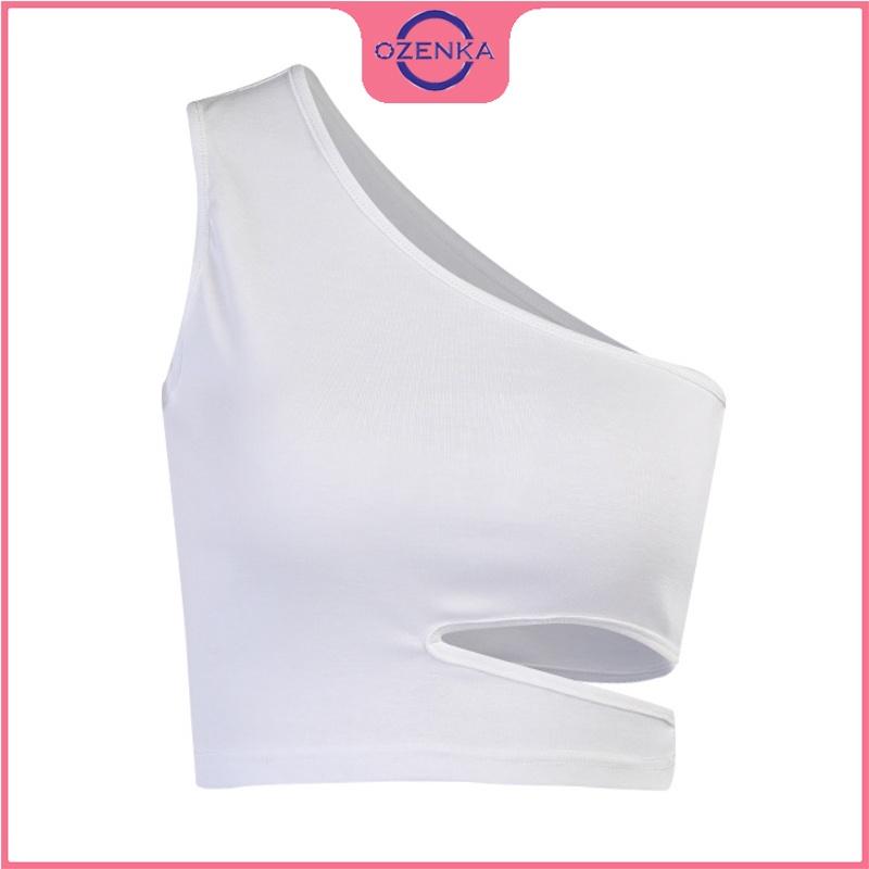 Áo croptop trễ vai sát nách nữ, áo thun nữ không tay ôm body cắt khoét eo gợi cảm màu đen trắng dưới 50 kg