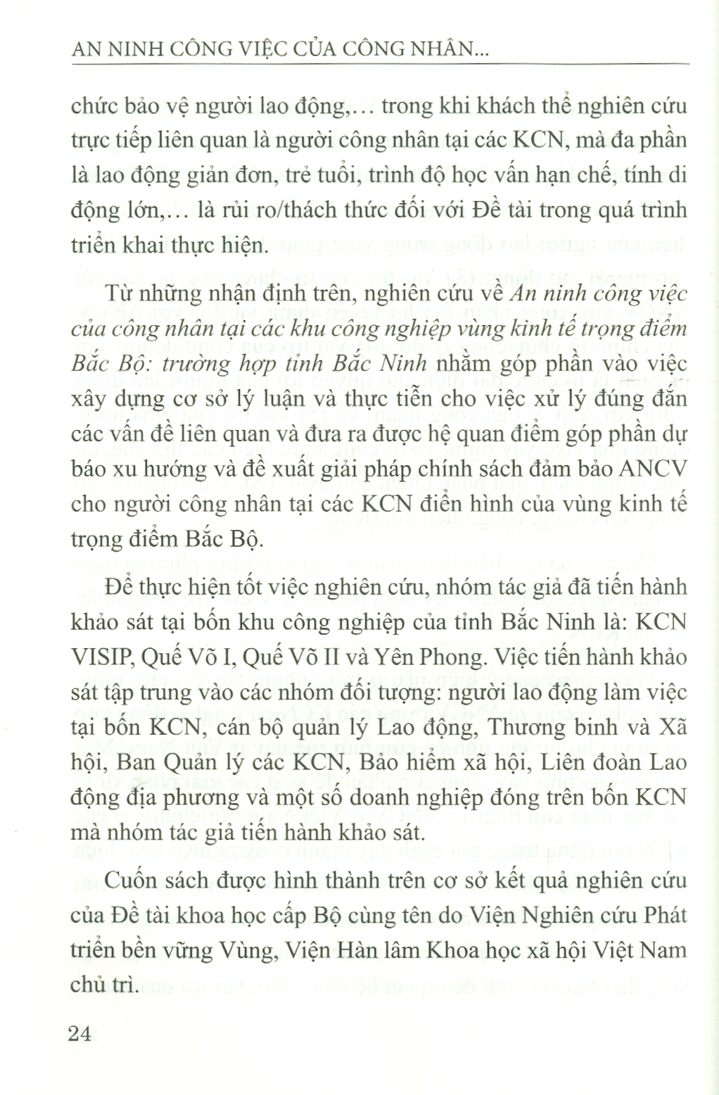 An Ninh Công Việc Của Công Nhân Tại Các Khu Công Nghiệp Vùng Kinh Tế Trọng Điểm Bắc Bộ - Trường Hợp Tỉnh Bắc Ninh