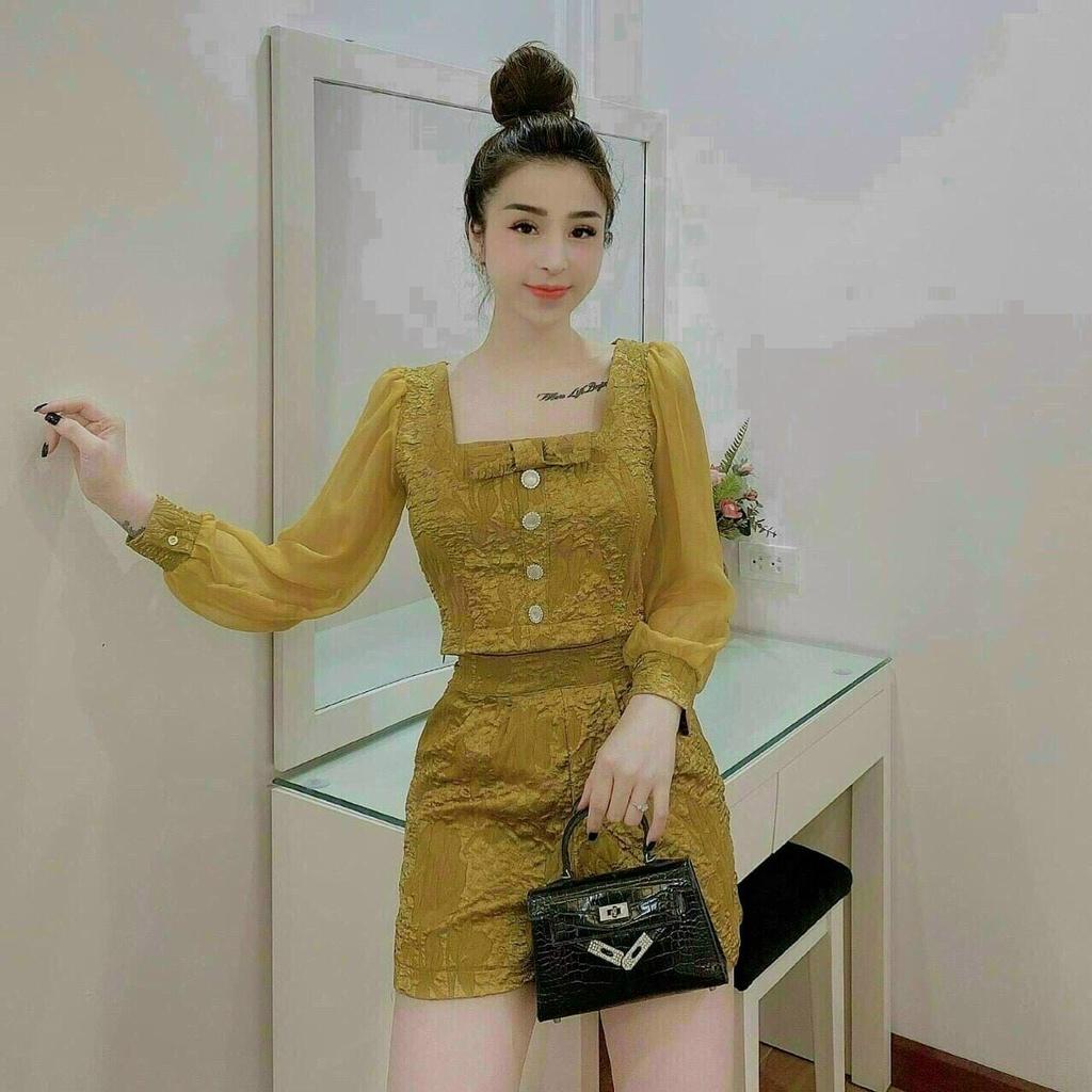 Set bộ đi chơi áo croptop tay dài phối quần đùi phong cách sang chảnh 3 màu xanh, đen, vàng thời trang nữ XM Minh Phúc