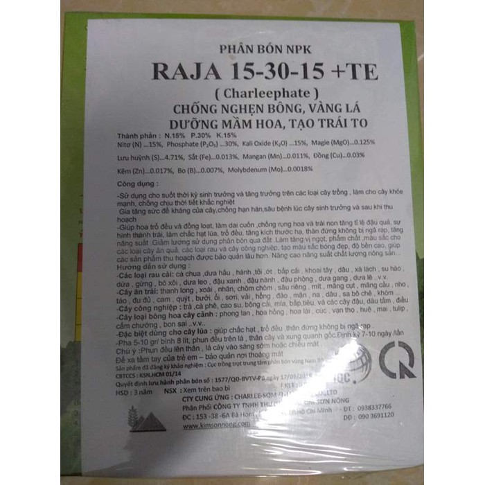 Phân bón NPK RAJA 15-30-15+TE chống nghẹn bông, vàng lá, dưỡng mầm hoa, tạo trái to - 1 kg