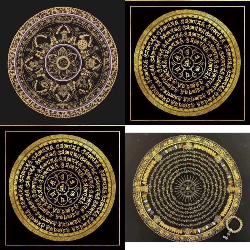 Tranh tô viền thần chú sáu ký tự thangka sơn vàng, bánh xe thần chú mandala 50cm