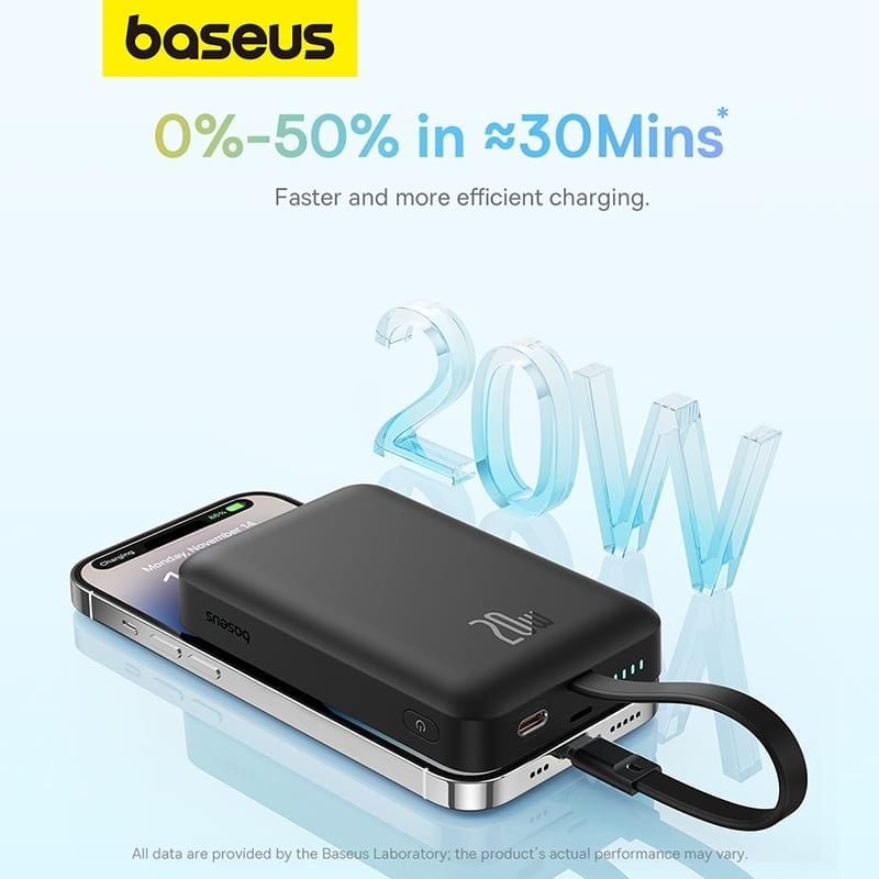 Pin Sạc Không Dây Tích Hợp Nam Châm Baseus Magnetic Mini Wireless 10000mAh 20W (tích hợp sẵn cáp IP) - Hàng chính hãng