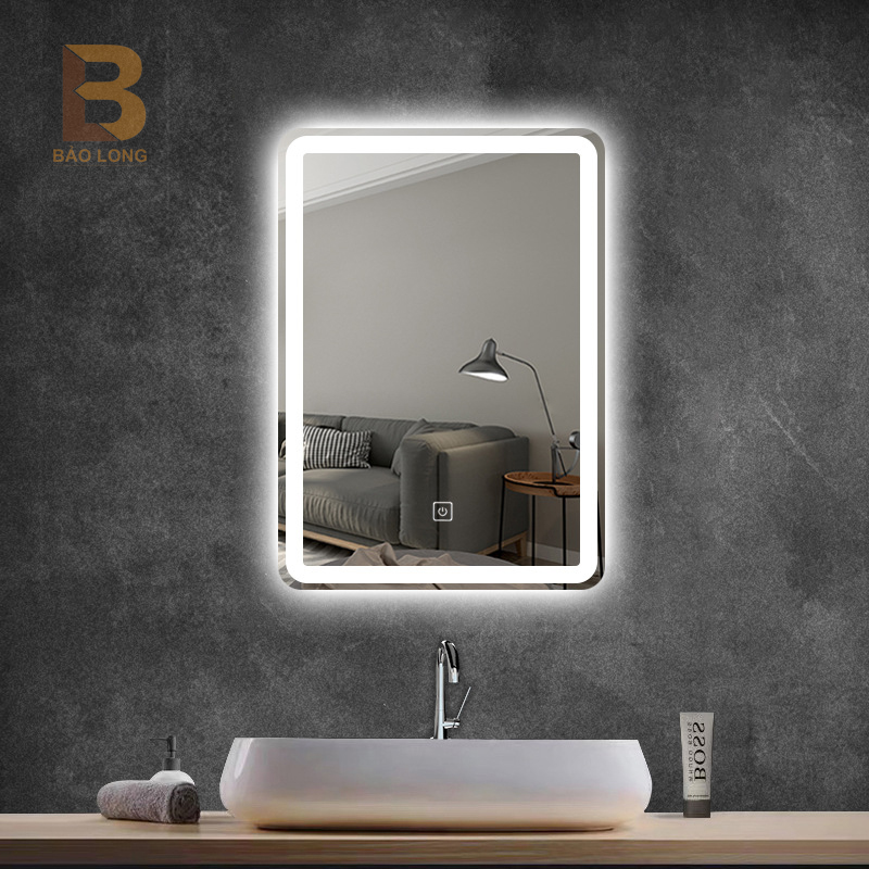 Gương nhà tắm có đèn LED cảm ứng bật tắt trên mặt gương, Gương treo tường chữ nhật cực đẹp Bảo Long