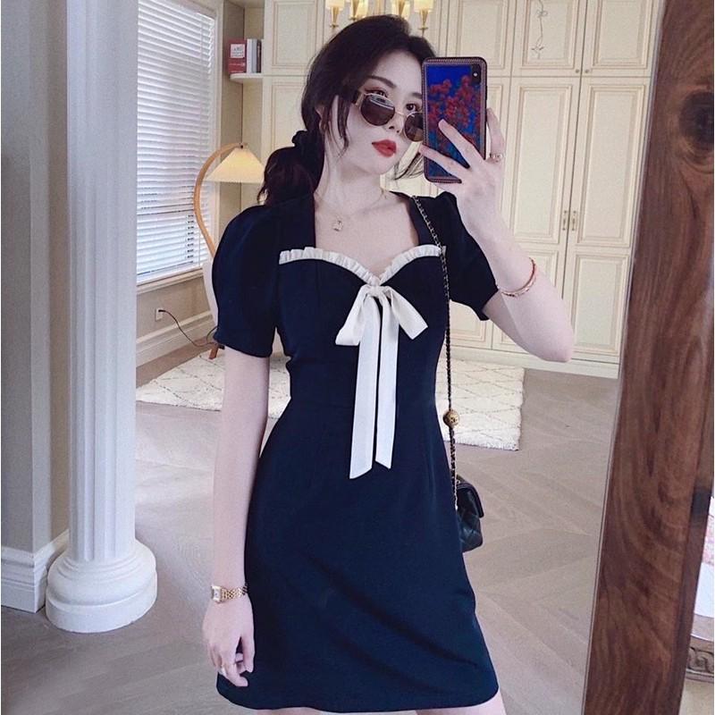 Đầm váy xanh đen phối trắng (kèm hình thật)