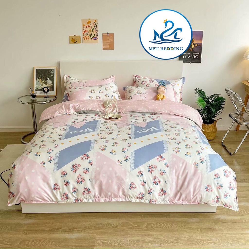 Bộ chăn ga gối Cotton Poly M2T bedding Cánh hồng, vỏ chăn mền, drap giường và 2 vỏ gối