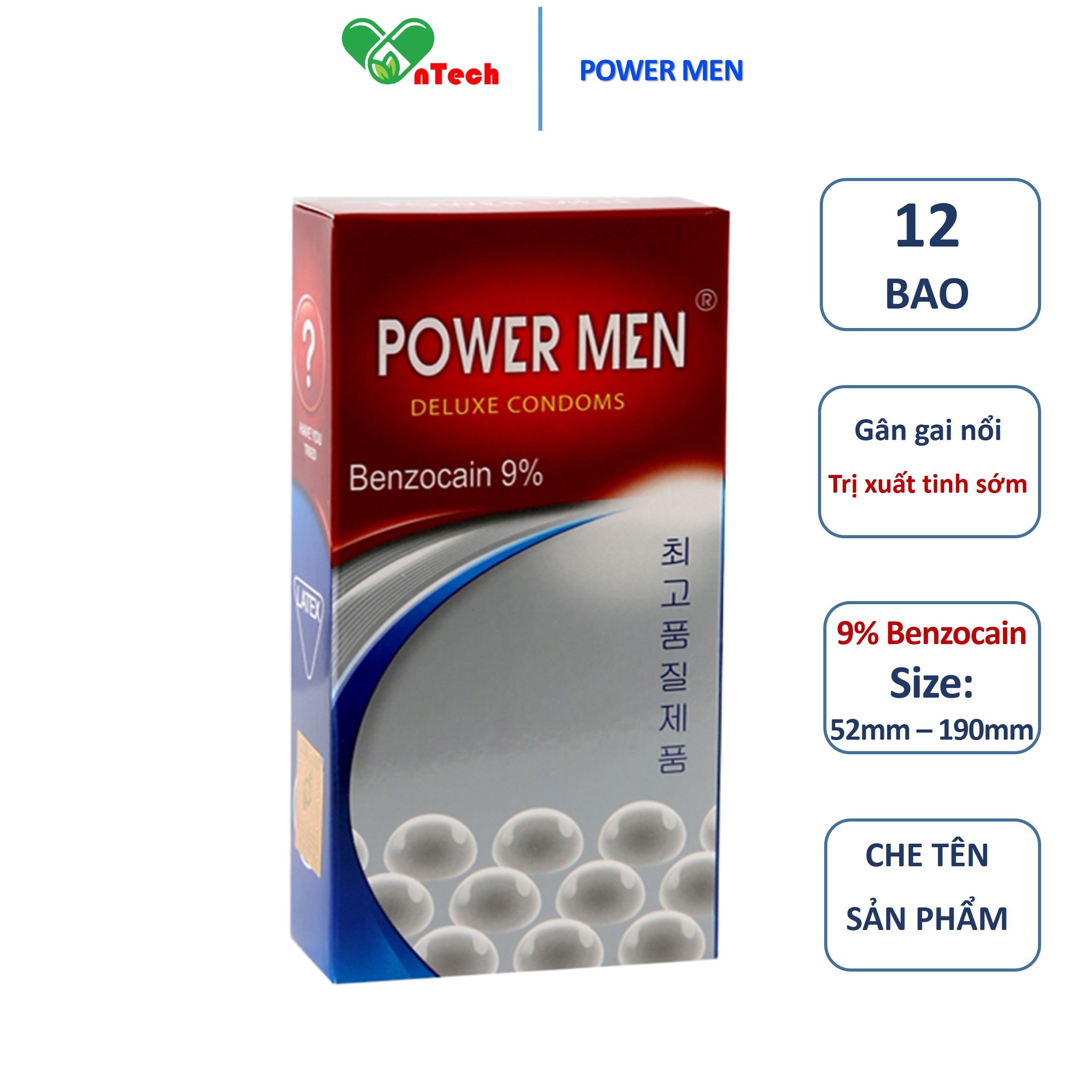 Bao cao su POWER MEN LONGER PLUS Ngọc Trai siêu mỏng gân gai nổi kéo dài thời gian 9% Benzocain chống xuất tinh sớm hộp 12 chiếc