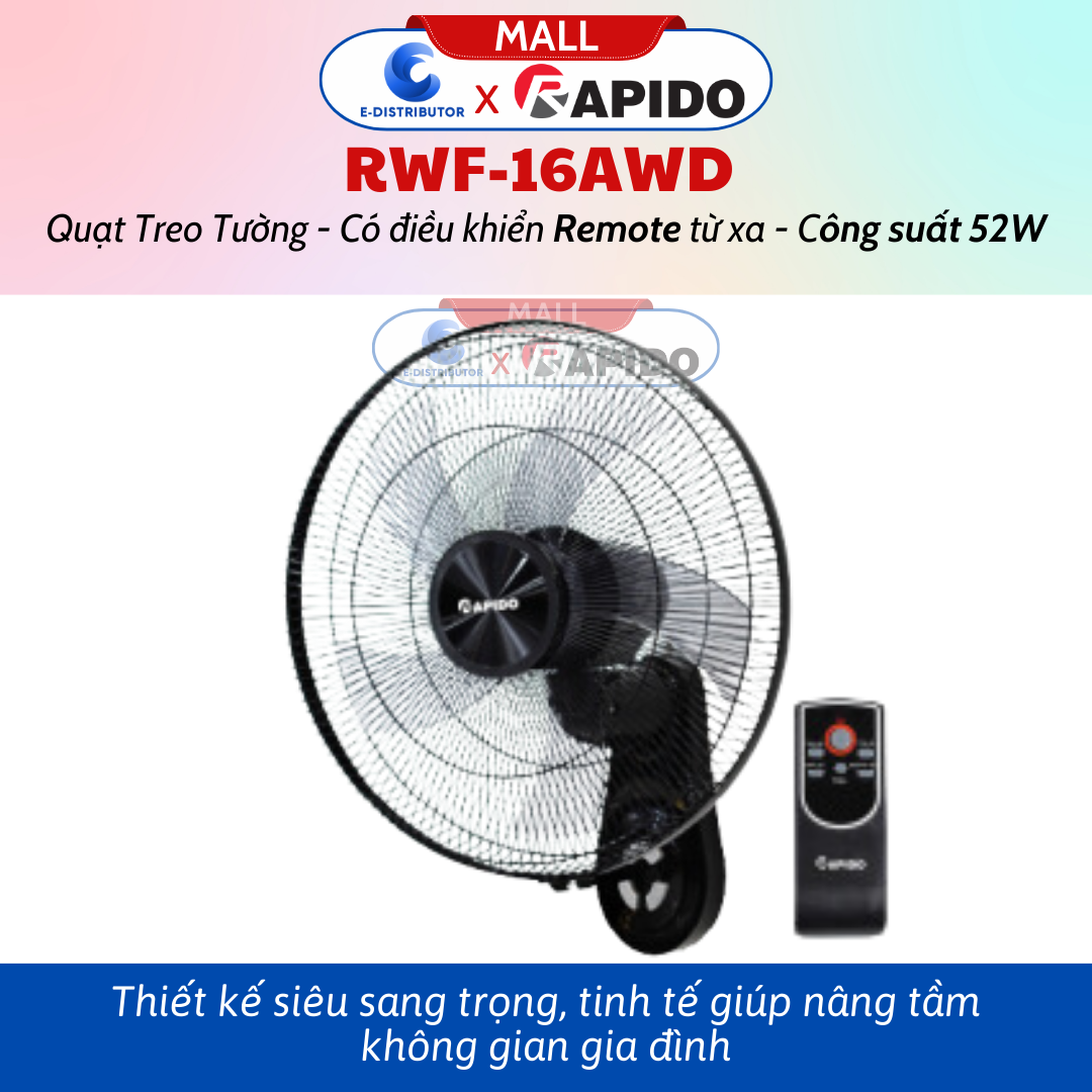 Quạt treo tường RWF-16AWD - Có Chức Năng Điều Khiển Bằng Remote Từ Xa - Hàng Chính Hãng - Bảo Hành 12 Tháng