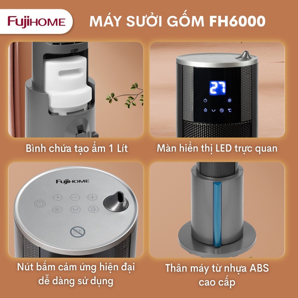 Máy sưởi gốm không khô da phun sương tạo ẩm Nhật Bản nhập khẩu FUJIHOME không đốt oxi tự ngắt tiết kiệm điện - hàng chính hãng