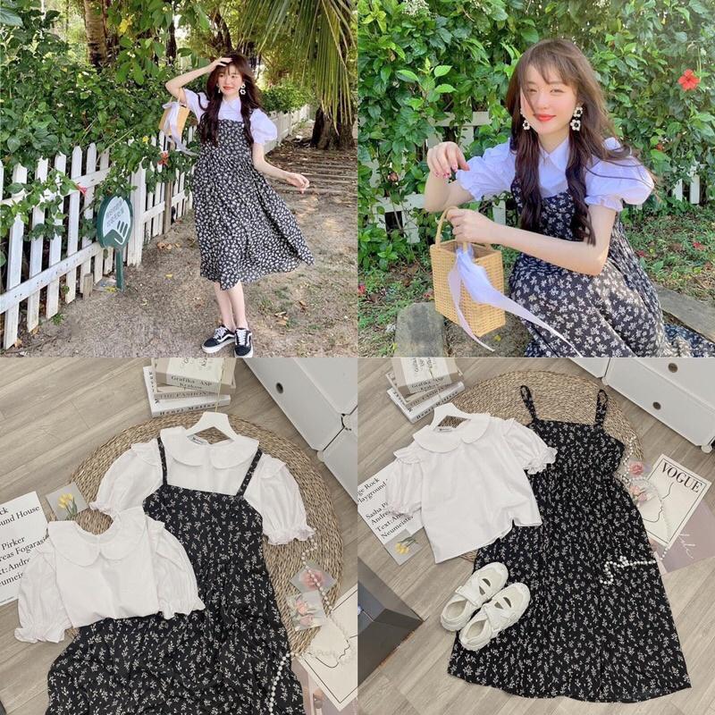 Set áo sơ mi crt yếm hoa đen 0721