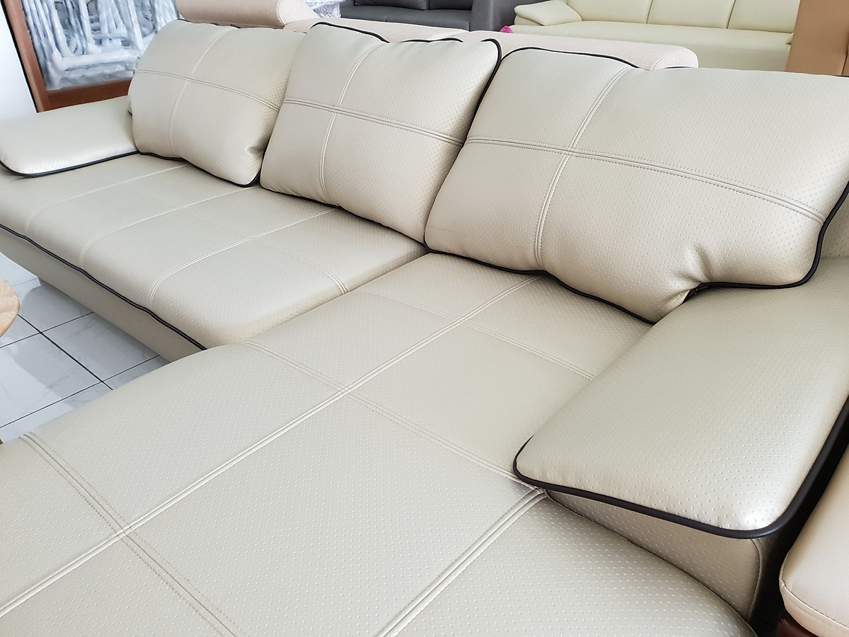 Sofa da góc L Tundo 2m5 x 1m6 màu kem viền
