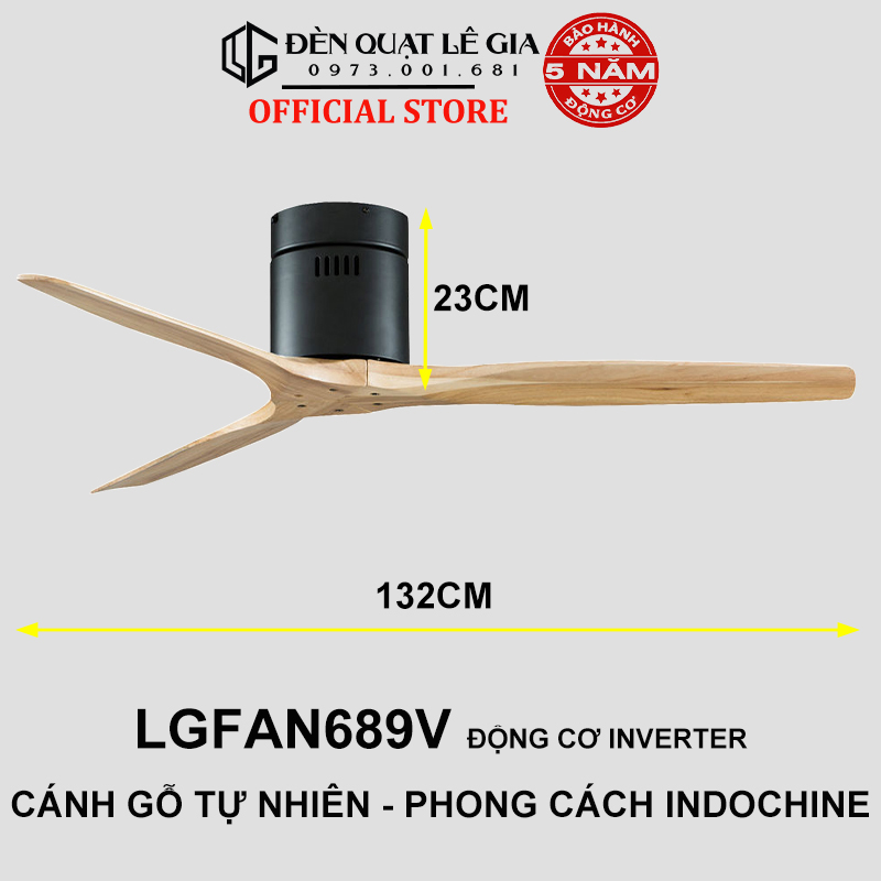 Quạt Trần Cánh Gỗ Phong Cách Indochine Lê Gia LGFAN689G - Chiều Cao 23cm - Sải Cánh 132cm - Bảo Hành 5 Năm