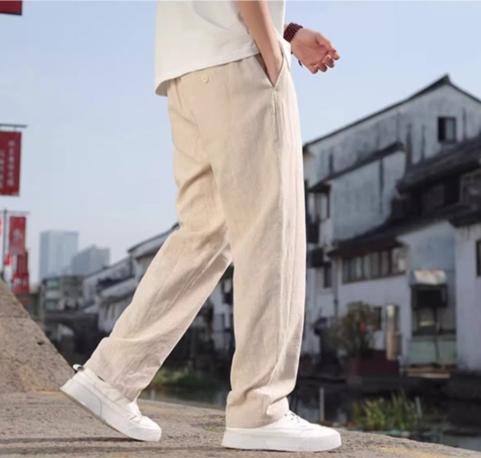 Quần ống rộng nam LINEN, dáng suông, cạp chun có dây rút tiện lợi, chất đứng form dày dặn Qd11